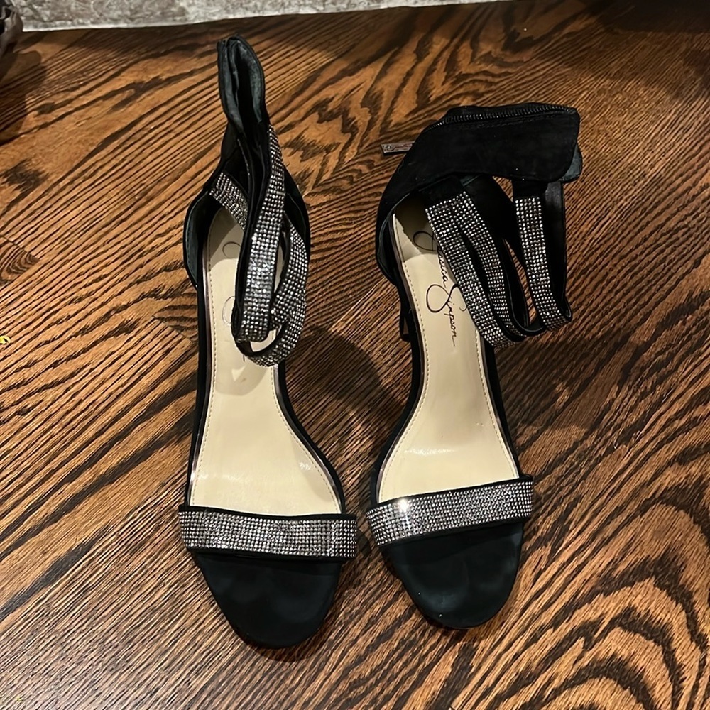 Jessica Simpson Suede black and metallic open toe heels